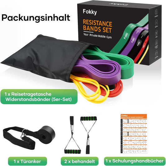Fitnessbänder Widerstandsbänder mit 5 Stufen, Resistance Bands mit Türanker, 2*Griffen, Übungsanleitung&Tragebeutel, Gymnastikband Klimmzugband Fitnessband für Muskelaufbau,Yoga,Pilates 5er Set