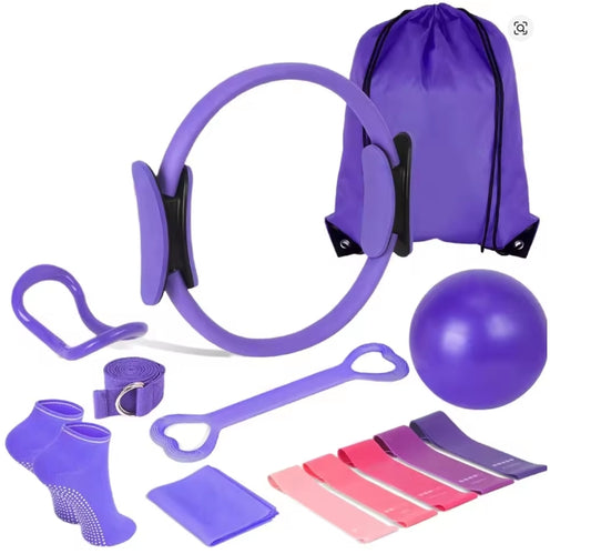 Pilates Essential Kit - Komplettes Heimtrainingsset mit Toning Ring, Widerstandsbändern, Softball & Grip Socken für Damen & Herren