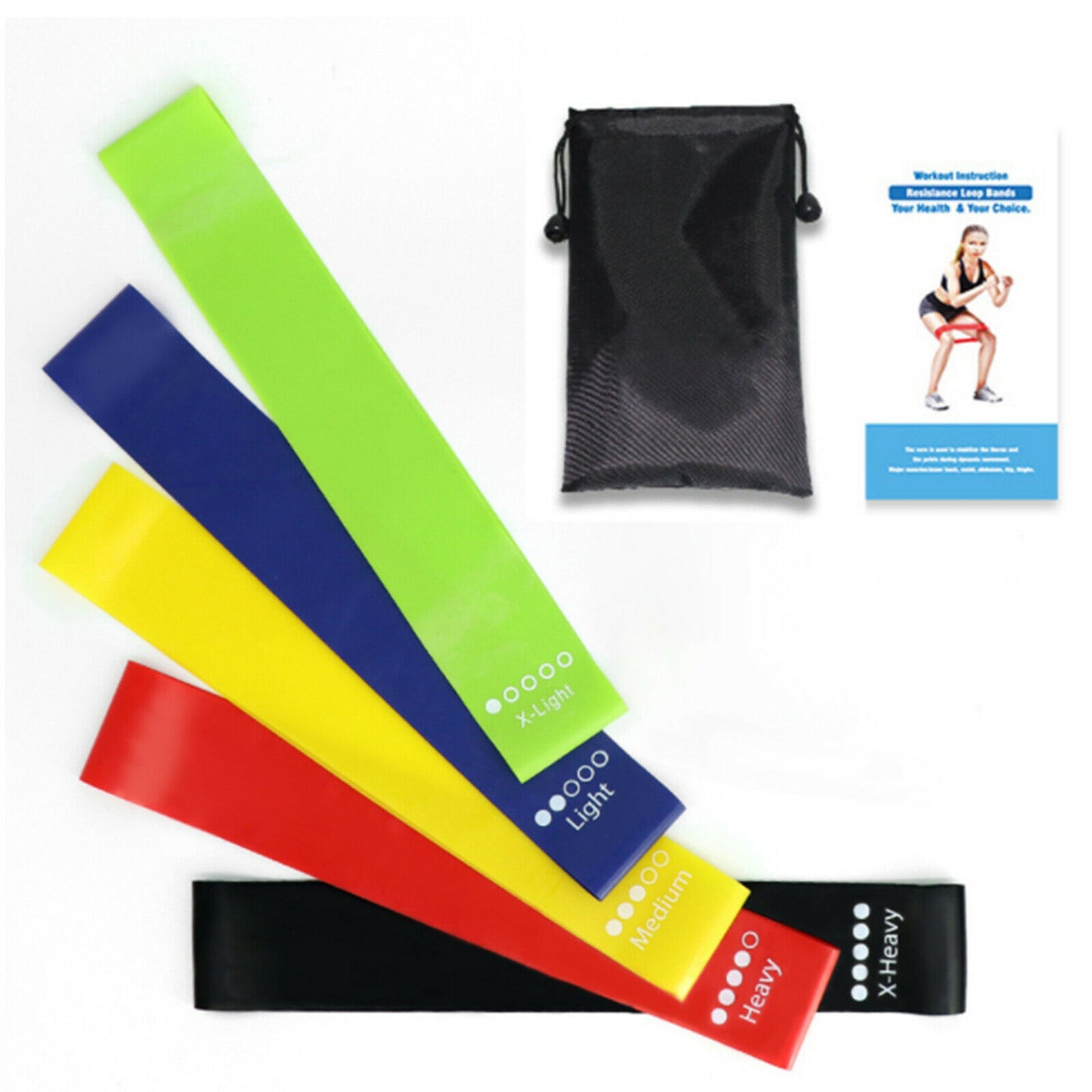 Widerstandsbänder [5er Set] Fitnessband 100% Naturlatex mit Übungsanleitung auf Deutsch & Tragebeutel für Muskelaufbau,Yoga,Gymnastik usw